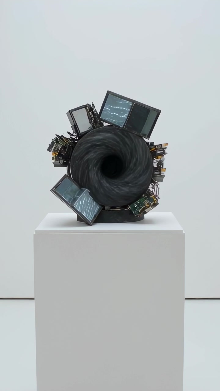 Vertical video: Zooming camera closing on torus on white plinth in gallery, showing screens, wiring