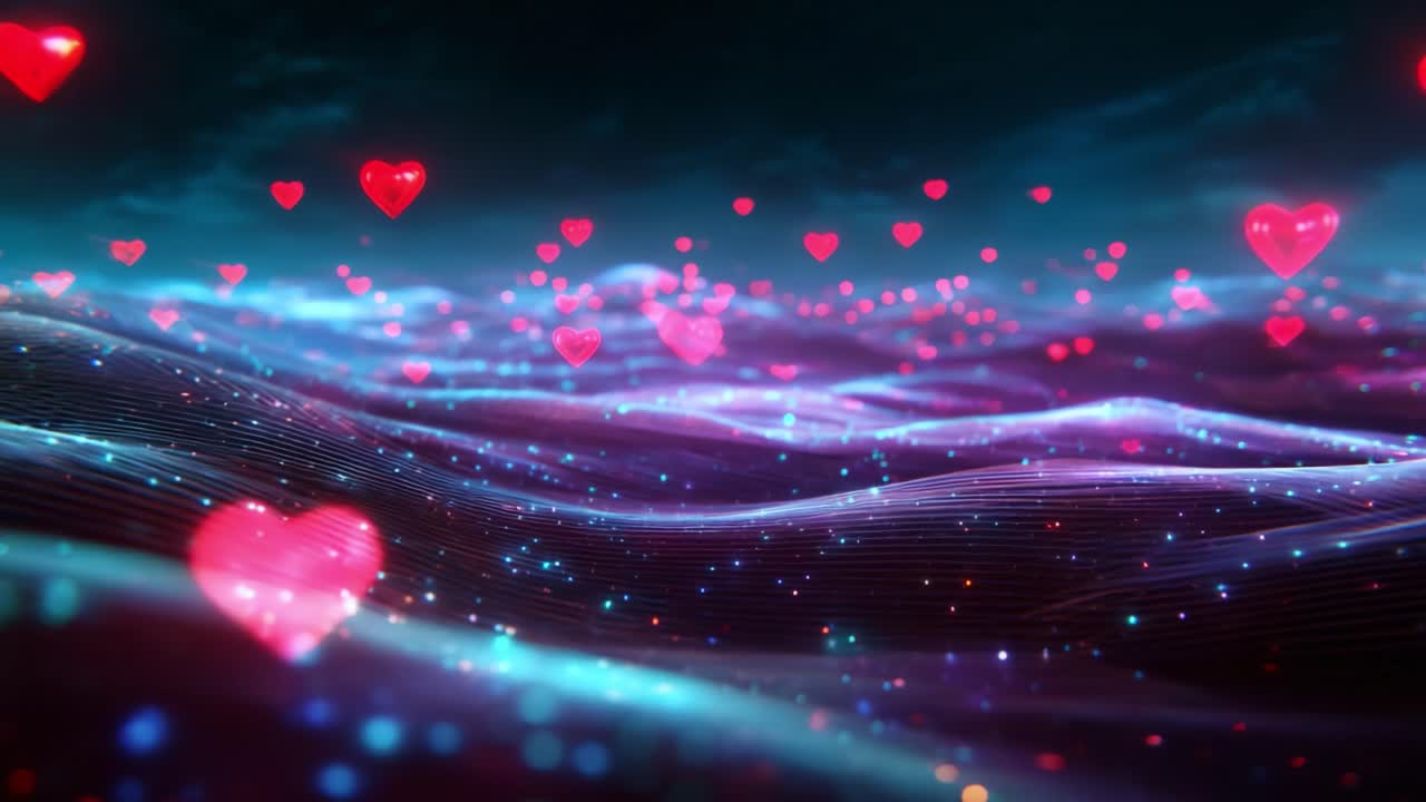 A Dreamy Landscape Filled with Floating Hearts - A Captivating Visual Journey Through a Surreal Sea of Love and Emotion, Combining Fantastical Elements with Ethereal Waves of Light and Color