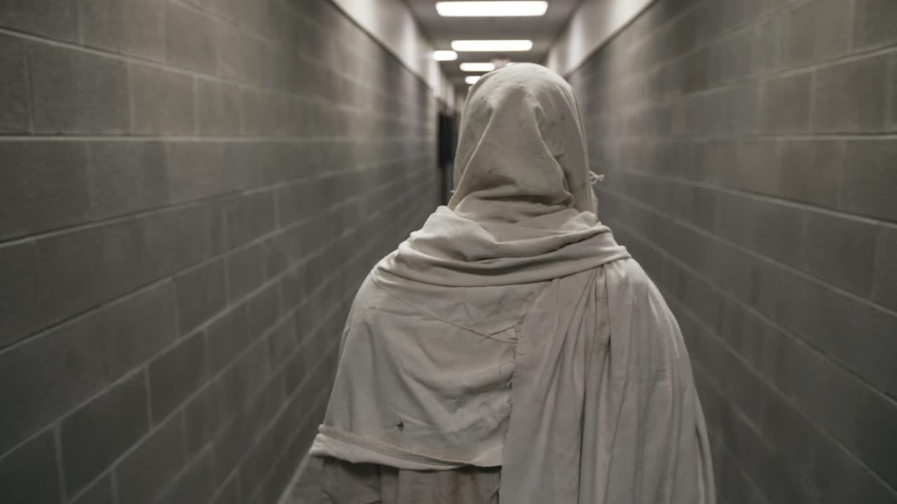 jesús vestido con túnica blanca camina por el pasillo de la prisión a cámara lenta