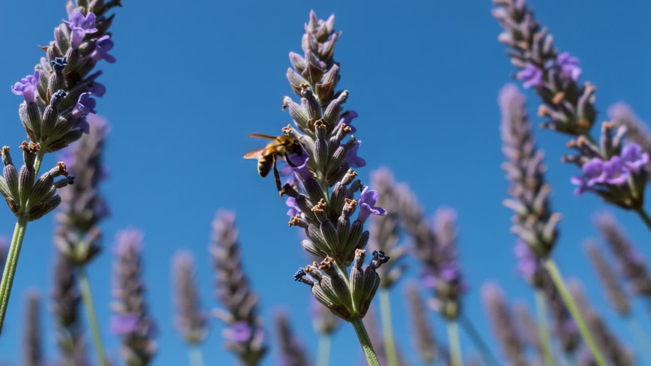 A Beautiful Close-up of Lavender Flowers with Bees in a Sunny Sky, Showcasing the Harmony of Nature and Pollination in Full Bloom and Vibrant Colors