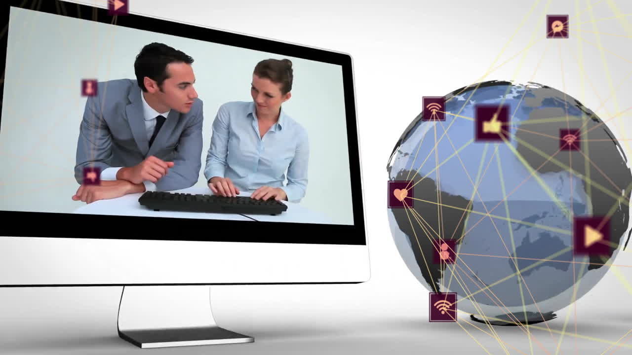 animación de la red de conexiones con íconos de todo el mundo y diversos colegas en pantallas digitales
