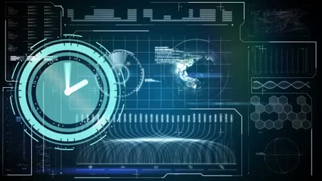 animación del reloj de neón sobre la interfaz con el procesamiento de datos contra un fondo azul