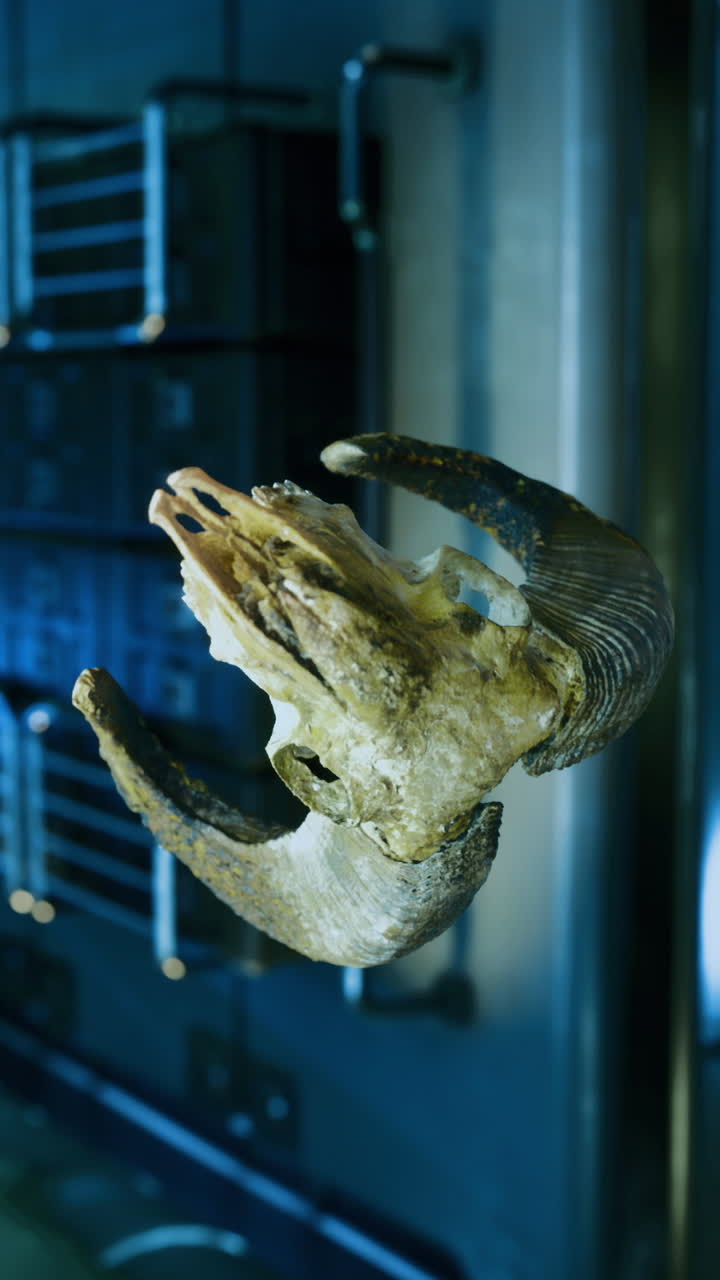Mesmerizing ram skull suspended in an illuminated space evoking mystery