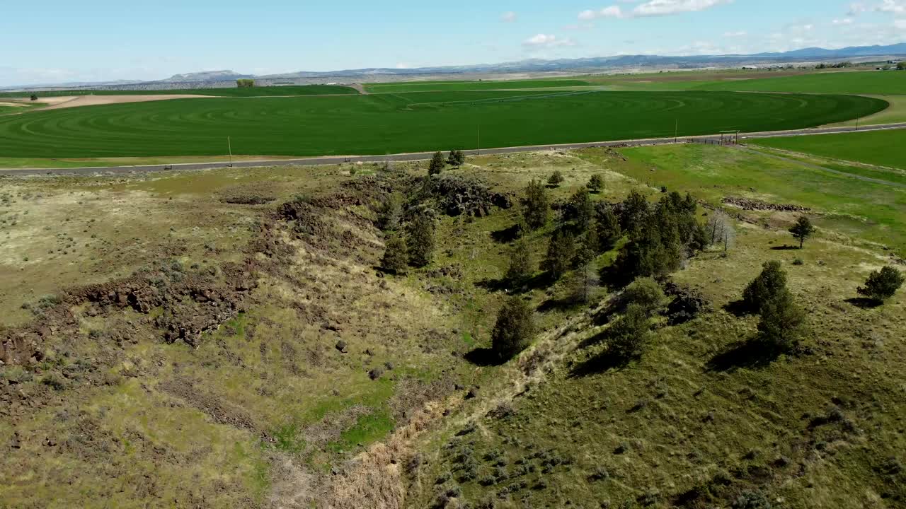US, Oregon, Madras, , 2025-04-19 - Drone view of a center pivot farm in central Oregon with dark green plants, water spraying, and rising up from a canyon.