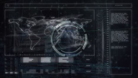 Animación-Del-Mapa-Mundial-Y-Procesamiento-De-Datos-Diversos-En-Pantalla-Digital