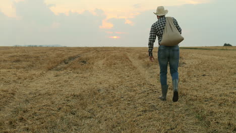 rückansicht des bauern mit hut und einem sack voller getreide auf dem feld