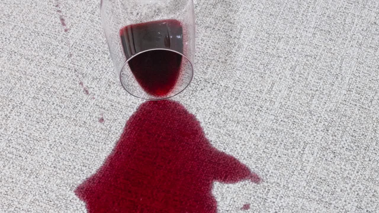 Camera pans above wine glass tipped onto pale upholstery, liquid pooling