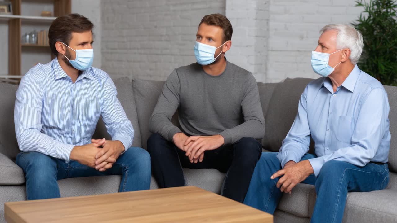 Three Men Engaged in Conversation While Wearing Face Masks in a Modern Living Room Setting, Highlighting Important Social Interactions During a Pandemic