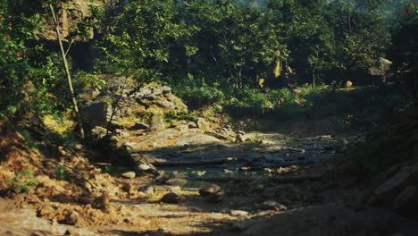 scenic view of a tranquil riverbed in rural china surrounded by lush greenery
