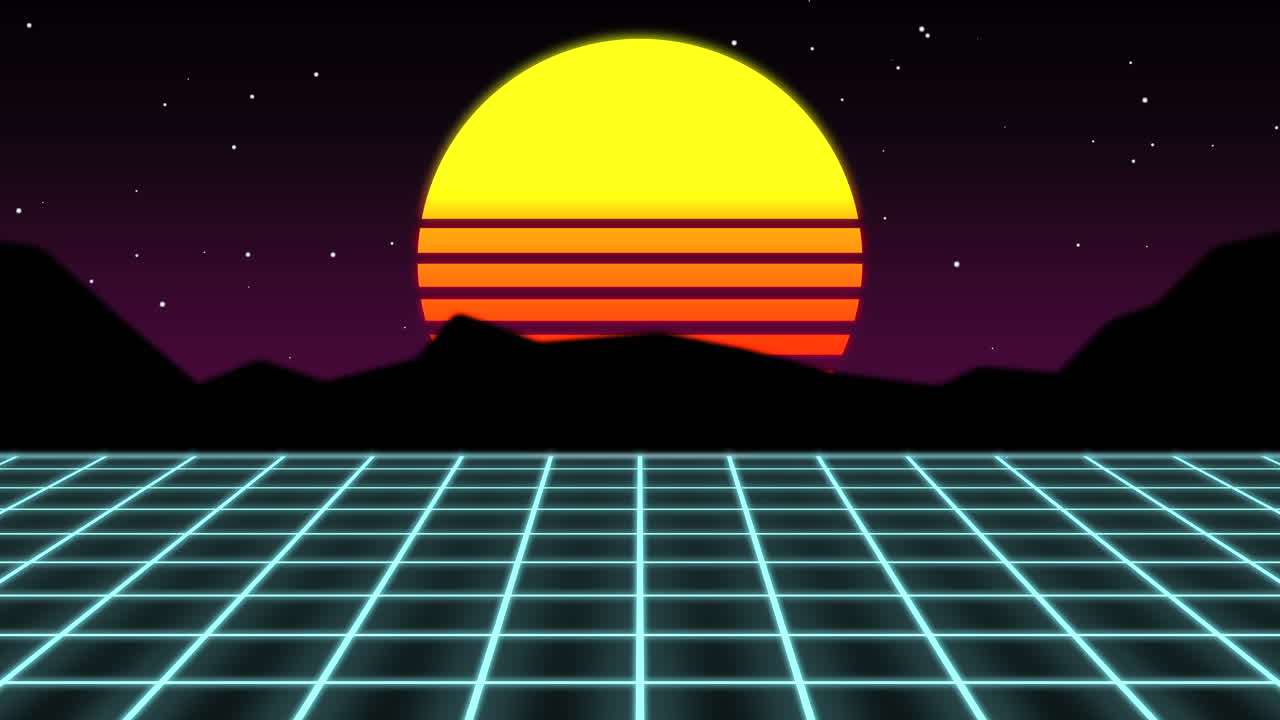 pantalla de computadora retro con fondo de puesta de sol y vibraciones de videojuegos