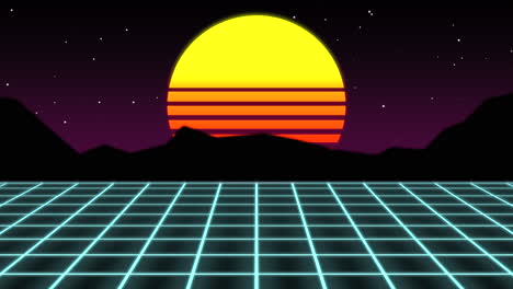 Retro-computer-screen-with-sunset-background-and-video-game-vibes