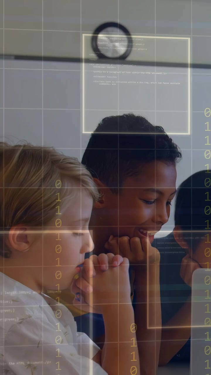 Vertical video: 3 students leaning toward laptop as camera pans, grid overlaying them for study