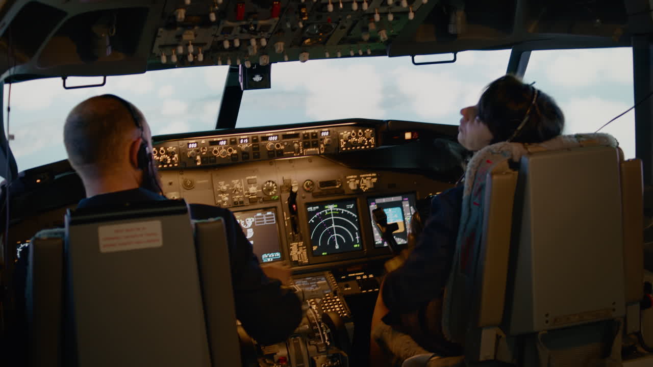 Team of aviators throttling power engine and fixing altitude level