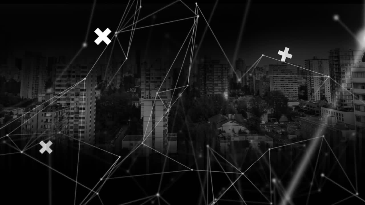 animación de red giratoria de conexiones y marcadores blancos sobre el paisaje urbano en el fondo
