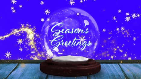 Animation-of-christmas-season's-greetings-text-in-snow-globe-and-shooting-star-on-blue-background