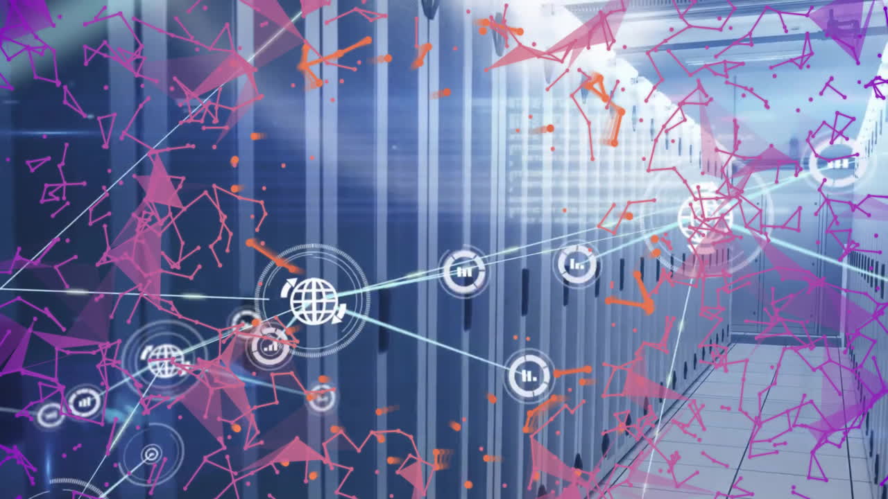 Animation of connections with icons and digital data processing over computer servers
