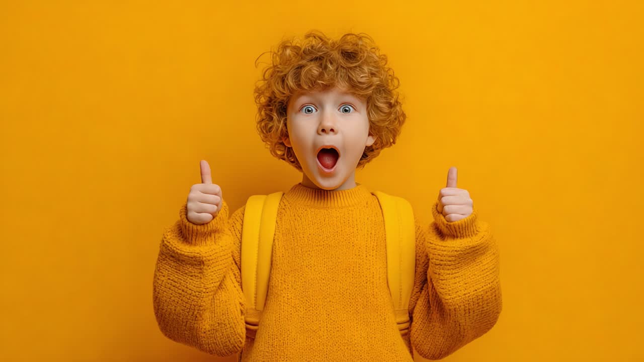 A delighted child in a cozy yellow sweater and backpack poses against a vibrant yellow background, expressing joy and excitement with an enthusiastic thumbs-up gesture