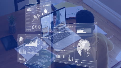 animation of data processing and diagrams over diverse male teacher and student having video call