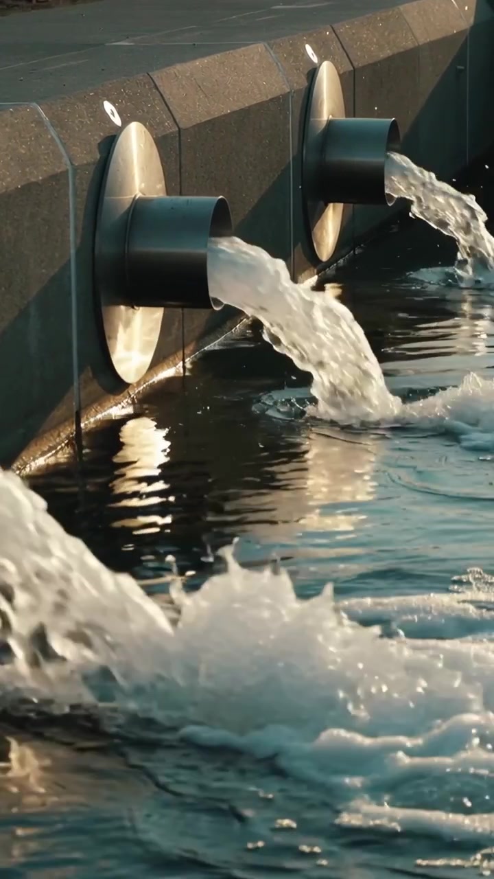 Vertical video: Pouring from three metal spouts as pump pulsing, creating foam and ripples in pool