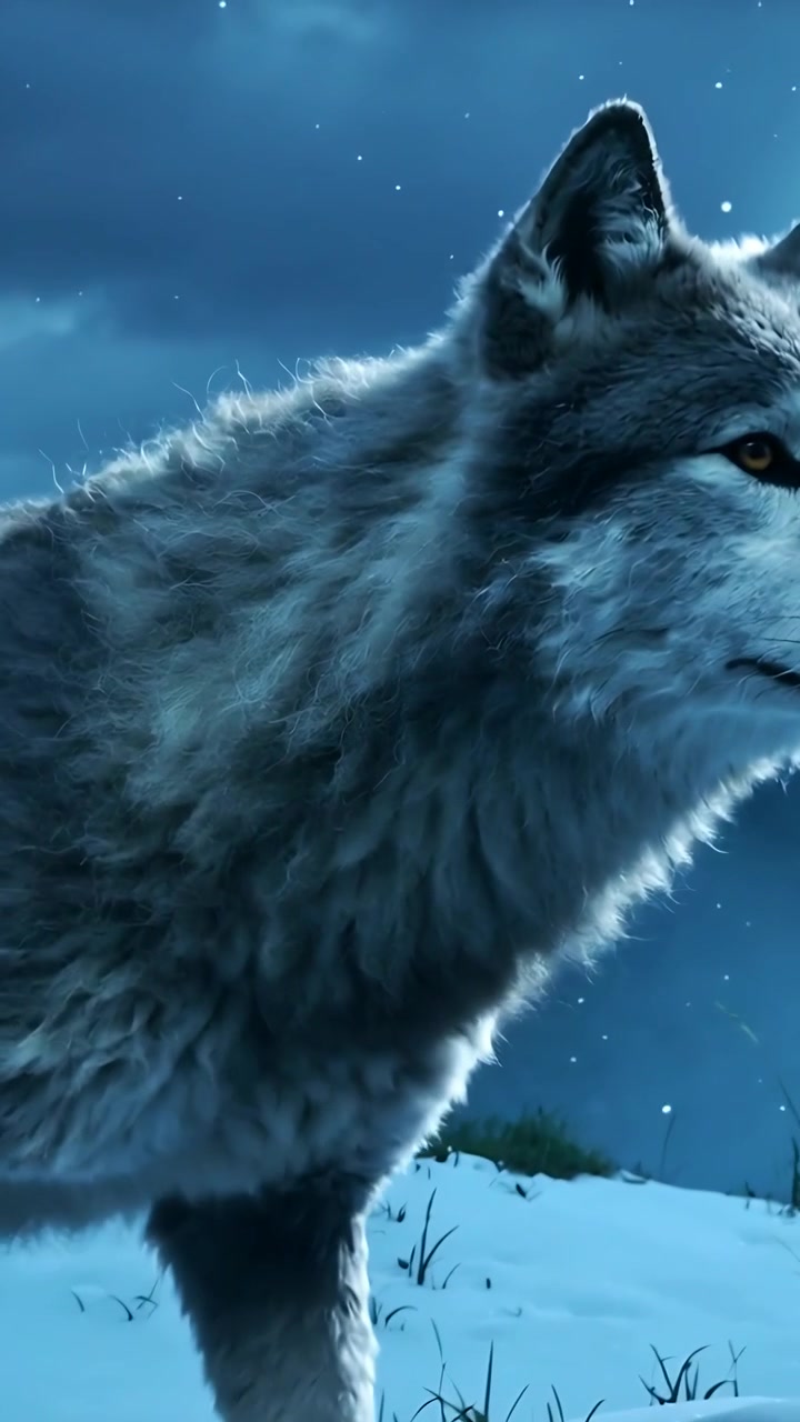 Vertical video: Walking grey wolf padding across snowy meadow at night, with moonlight rimming fur
