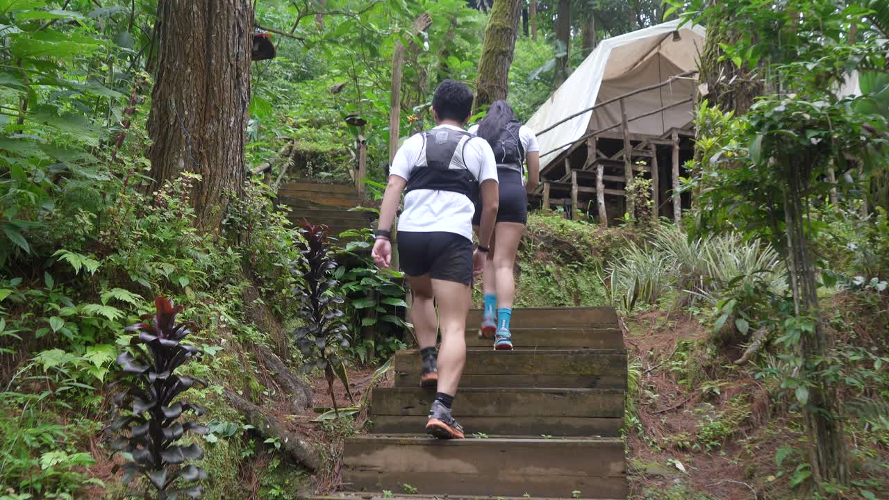Back view of an Asian couple walks along a pathway in a tree-filled park