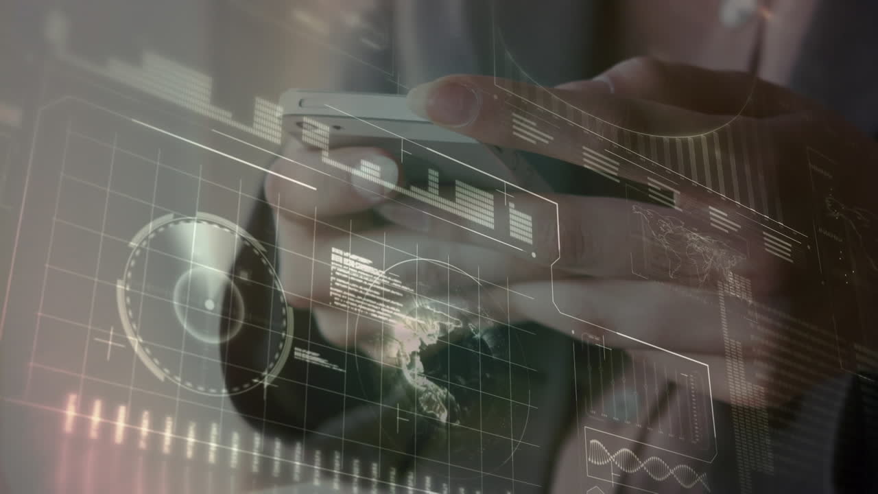 Animation of caucasian businesswoman using smartphone over data processing