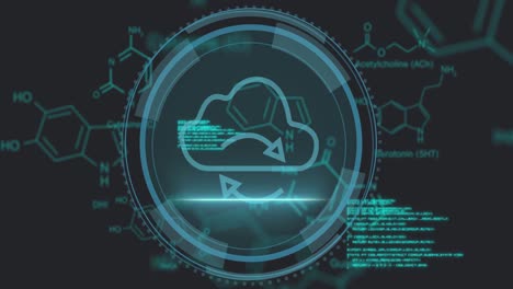 animación del procesamiento de datos y nube sobre fondo negro