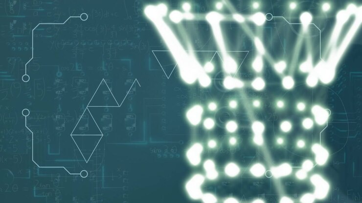 Animation of lights, data processing and math formulas in navy space