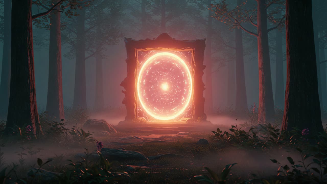 A Mystical Portal Glows in an Enchanted Forest, Surrounded by Ethereal Mist and Lush Vegetation, Inviting Exploration and Adventure into the Unknown Realm Beyond