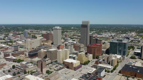 Drone-Flies-Away-from-Downtown-Omaha,-Nebraska-Skyscrapers-in-Daytime