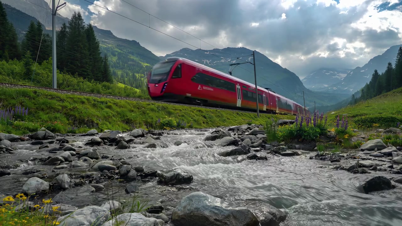 Trem de passageiros vermelho atravessando um vale montanhoso pitoresco