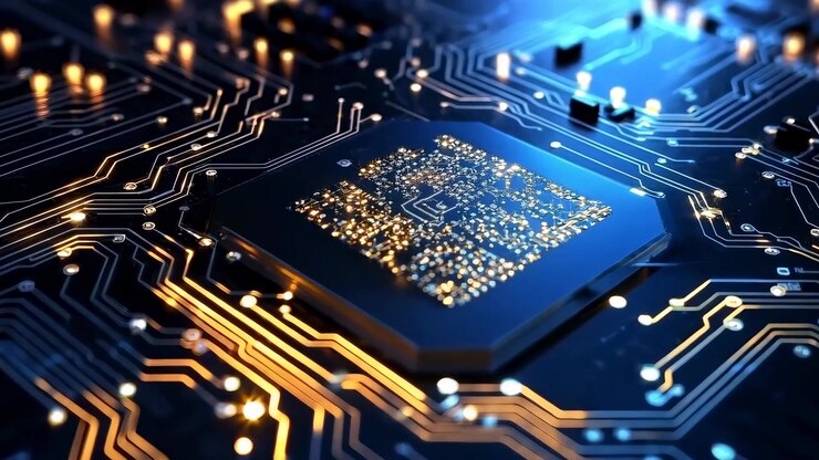 Glødende mikrochip-processor på et computerprintkort