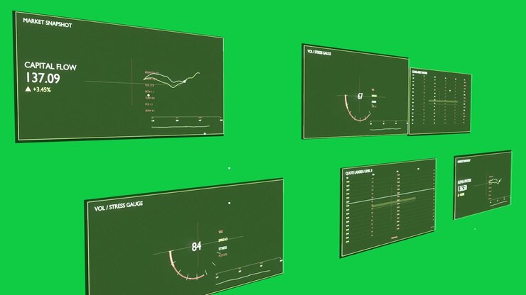 On play camera panning, finance panels rotating in transparent 3D void revealing market metrics