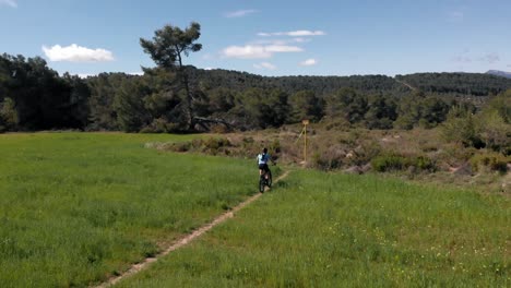 mountain biker rides through green meadow in springtime