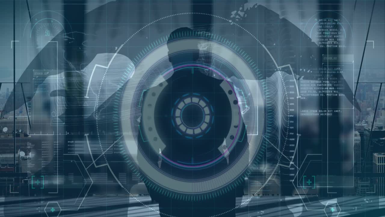 interfaccia digitale con elaborazione dei dati e scanner rotondo sopra la vista posteriore di un uomo d'affari in ufficio