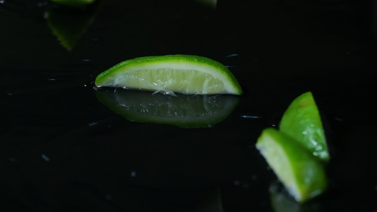 라임과 레몬 조각이 올라와 물방울이 반사되고 검은 바탕을 반영합니다.