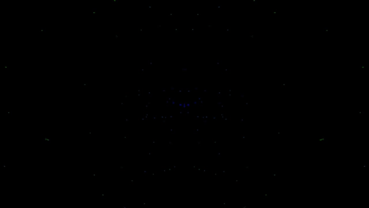Patrón simétrico abstracto de partículas azules y verdes brillantes sobre fondo negro