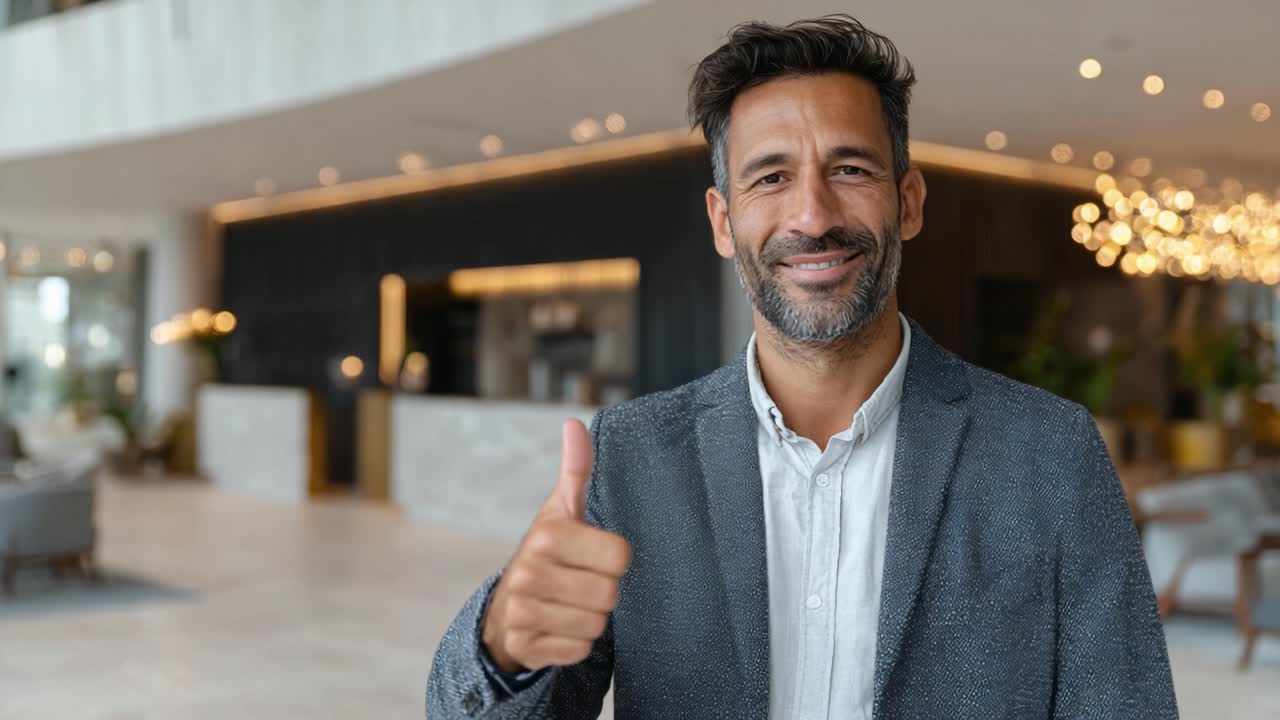 A Confident Young Man in a Modern Lobby Offers a Thumbs-Up Gesture, Radiating Positivity and Assurance in a Welcoming Environment