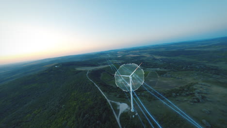 aerial fpv shot of wind turbines with streamlines connected windmills on rural fields in nature