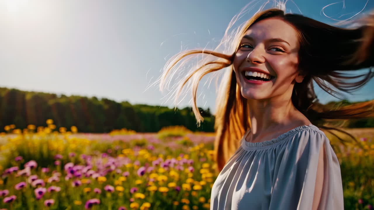 Happy Girl in a Flower Field at Sunset
