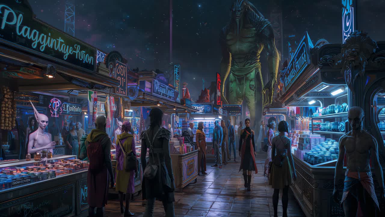 A bustling alien market at night