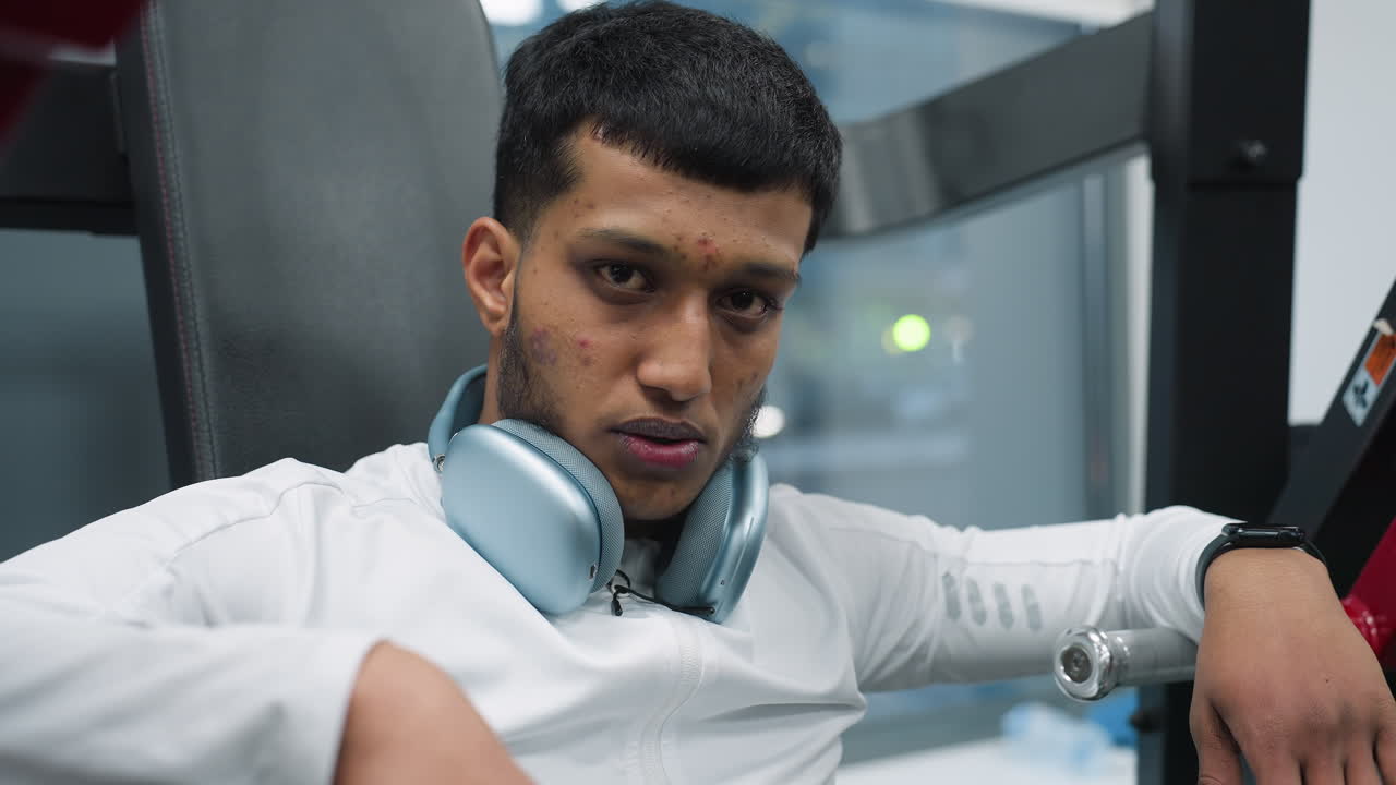 young student resting on gym machine with head lowered wearing white long sleeve activewear and wireless headphones around neck after intense exercise in modern indoor fitness center