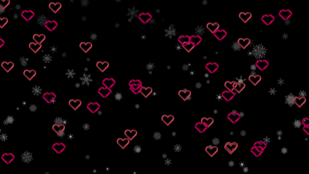 Pink Hearts and White Snowflakes Falling on Black Background