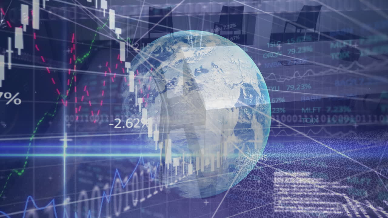animación del globo y procesamiento de datos financieros sobre el almacén