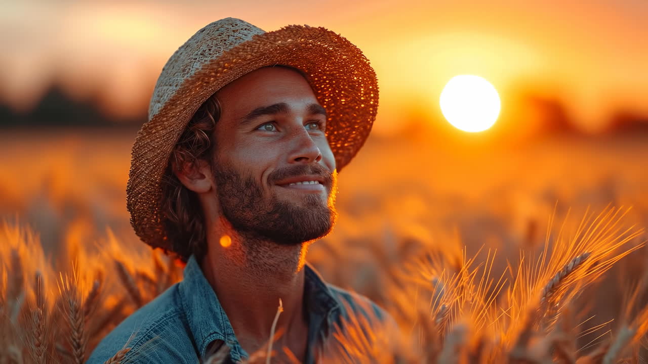Smiling man in a wheat field at sunset. A man with a straw hat smiles while standing in a golden wheat field during sunset. The sun casts a warm glow