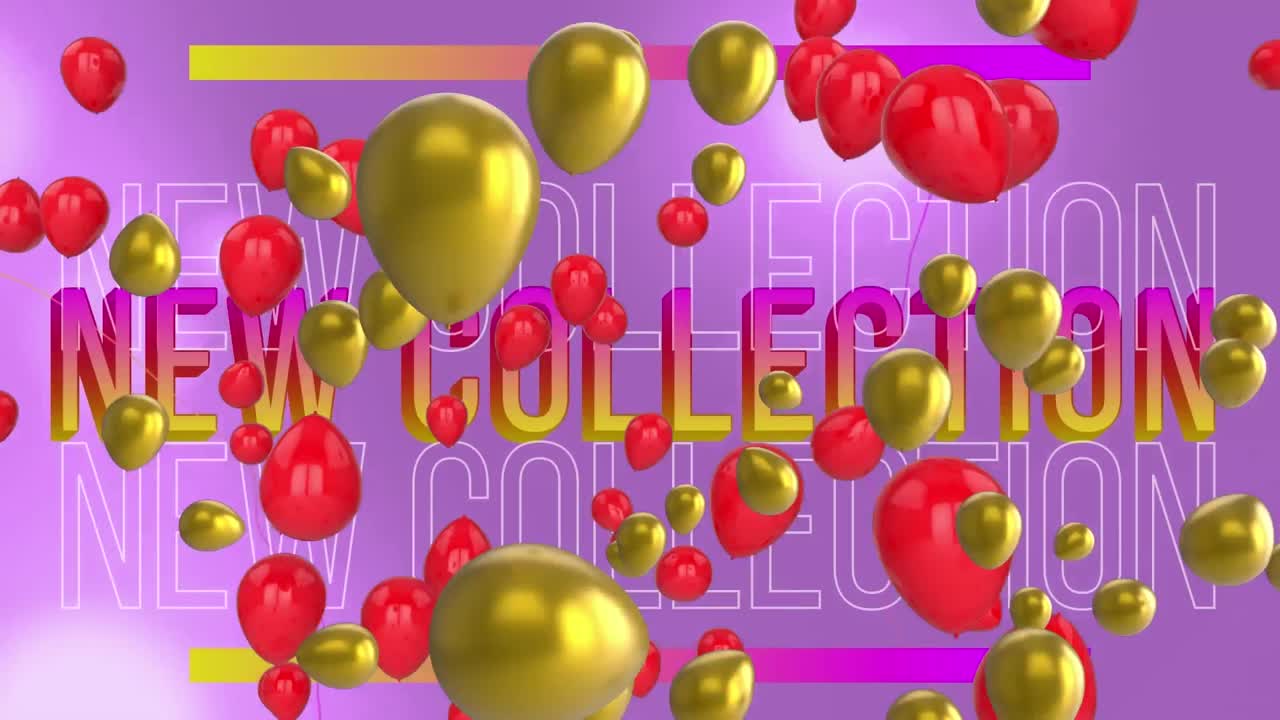 Animazione di palloncini rossi e dorati sopra i testi "nuova collezione" su sfondo viola