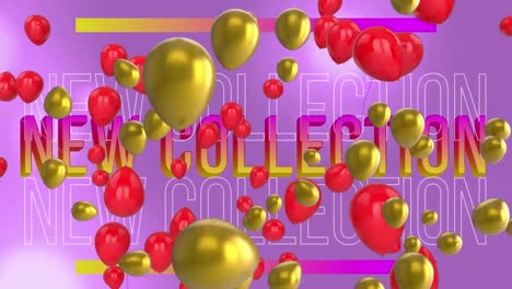 Animation-of-red-and-golden-balloons-over-new-collection-texts-against-purple-background