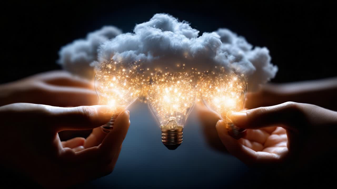 A captivating display of creativity and innovation, where hands unite to hold sparkling light bulbs emerging from fluffy clouds, symbolizing the fusion of ideas and inspiration