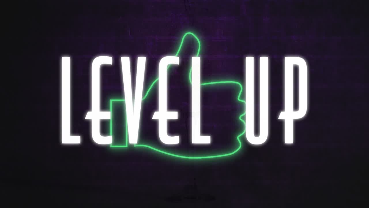 Animation of level up text banner over neon green like icon against grey brick wall