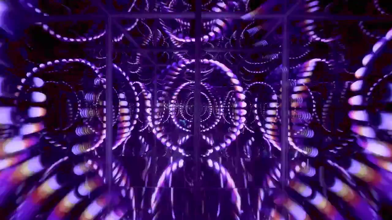 Grafica digitale luminosa nelle tonalità del viola e del blu con strutture meccaniche circolari e ad anello ripetute